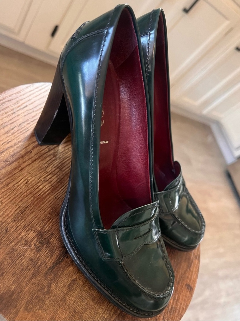vintage dark green spazzolato fume prada heel loafers